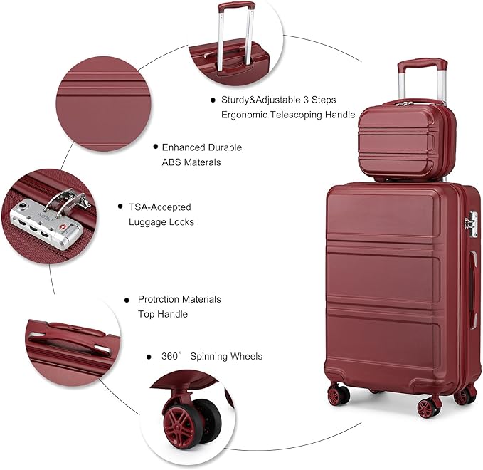 Kono Carry On Luggage Set Lightweight Airline Approved Carry On Suitcase with TSA Lock Spinner Wheels Durable Luggage Hardside Burgundy