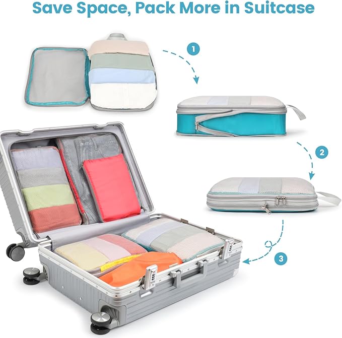 Cambond Compression Packing Cubes for Travel - 7 Set Multi-color See Through Mesh Compression Cubes for Travel Essentials with Large Laundry Bag, Luggage Packing Organizers Bags for Suitcases