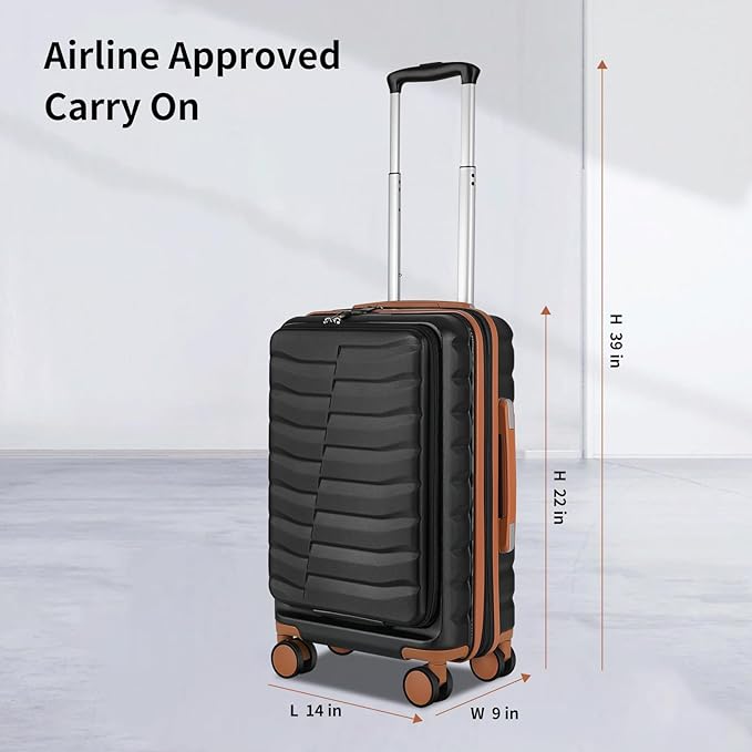 22×14×9 Airline Approved Carry On Expandable Luggage with Front Open Pocket, Spinner Wheels, ABS+PC Hardshell Small 20inch Suitcase with Protective Cover and Luggage Tag, Black