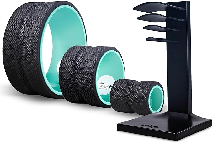 Chirp Wheel & Rack Bundle - Comprehensive Back Care Solution with Convenient Storage, Relief for Back Pain, Deep Tissue, Trigger Point Therapy, Easy Storage for Four Wheel Sizes - 3 Pack