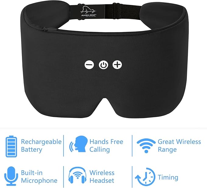 ALASKA BEAR Sleep Headphone Mask Bluetooth 5.2 HD Stereo Noise Reduction 3D Eye Mask for Sleeping Eye Contour Built-in Mask w/Thin Speakers Wireless Audio Sports Headgear(Black)