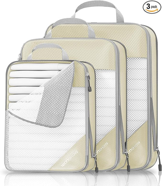 Compression Packing Cubes 3 Set, Compressible Space-Saving Packing Cubes for Travel - Compression Bags, Luggage Organizer, Travel Essentials for Women, Beige