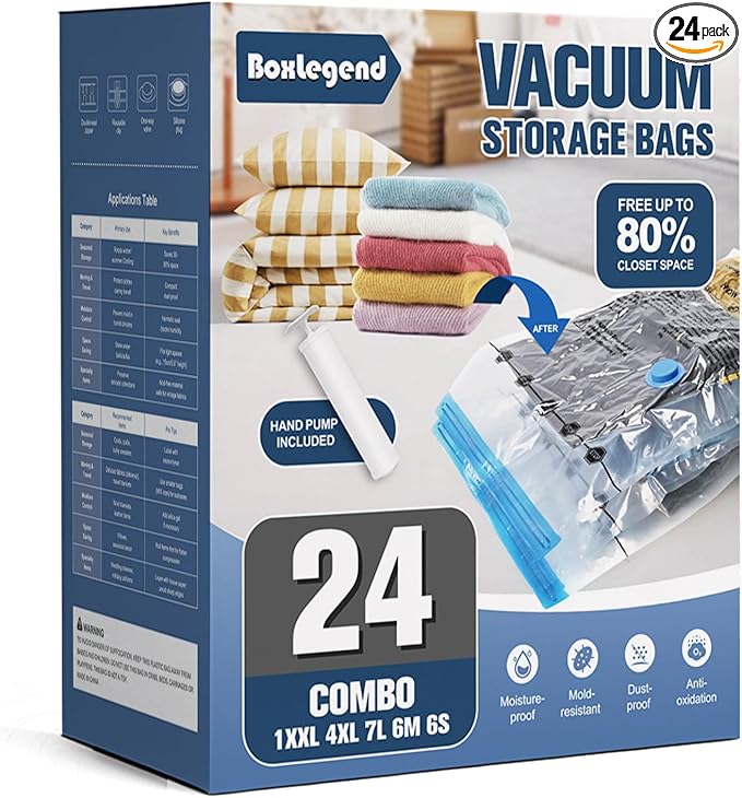 BoxLegend Vacuum Storage Bags with Large Hand Pump 24 Combo (1X-Jumbo, 4 Jumbo, 7 Large, 6 Medium, 6 Small) Thickened Vacuum Seal Bags for Clothing Blanket Pillow Comforters Bedding Quilt Coat
