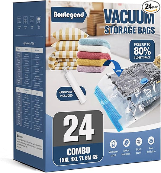 BoxLegend Vacuum Storage Bags with Large Hand Pump 24 Combo (1X-Jumbo, 4 Jumbo, 7 Large, 6 Medium, 6 Small) Thickened Vacuum Seal Bags for Clothing Blanket Pillow Comforters Bedding Quilt Coat
