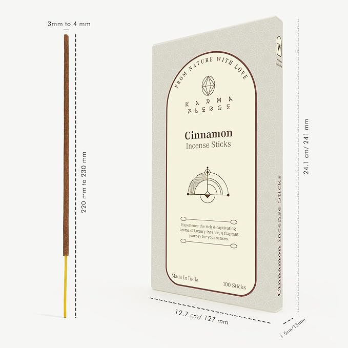 Cinnamon Incense Sticks, Organic Hand Dipped 100 Sticks with Natural Herbs & Aromatic Ingredients, Burn Time 45 to 60 Minutes, Incense for Positivity, Yoga, Meditation, Relaxation, Spiritual Gift