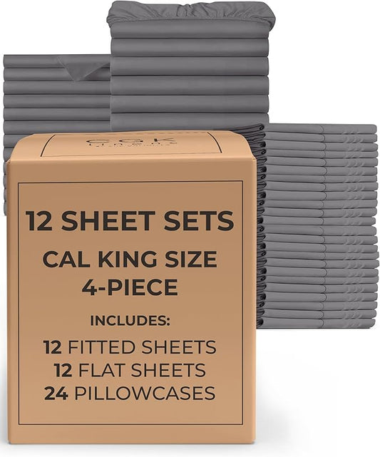 Bulk Case Pack of 12 Sheet Sets - (12) Complete Sheet Sets - Bulk Cal King Bedding - Wholesale Case Pack for Hotels & Airbnbs - Deep Pocket & Wrinkle Free - Cooling & Breathable - Cal King, Dark Grey