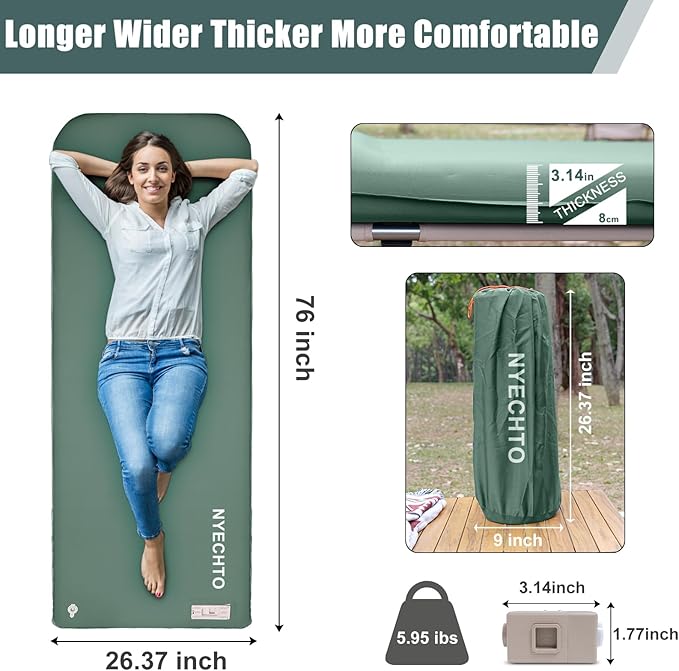 Self Inflating Sleeping Pad with Electric Pump, 3.14" Ultra-Thick Memory Foam Sleeping Mats for Camping,Easy Inflate&Deflate,9.5 R-Value Insulated Camping Mattress Pad with Pillow for Car Travel Tent