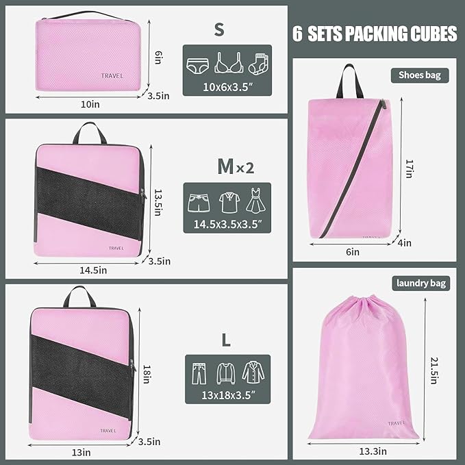 Compression Packing Cubes for Travel 6 Sets, Space Saving Vacation Travel Essentials, Travel Accessories for Suitcase Organizer Bags Set, Durable Luggage Organizer Travel Bags (pink)