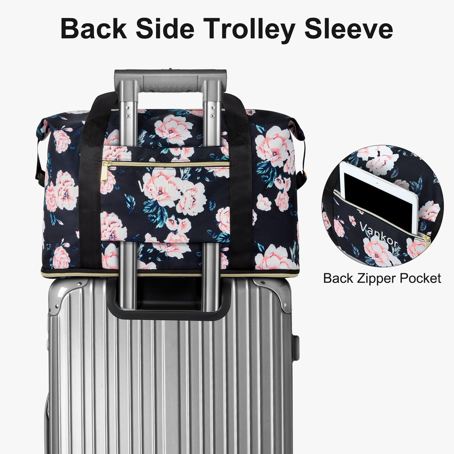 Vankor Expandable Travel Duffle Bag for Travel, Foldable Carry on Tote Bag Lightweight Weekender Overnight Hosptital Bag for Men Women Black Floral