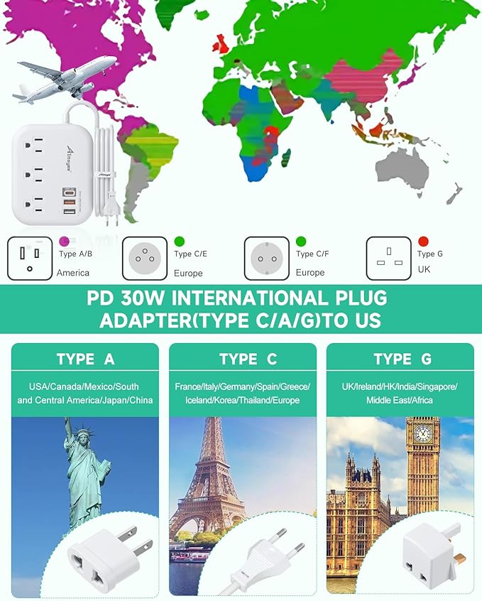 Alitayee PD30W USB C Travel Power Strip, European Travel Plug Adapter with 3 Outlets 3 USB Ports, International Universal Plug Adapter with 4ft Extension Cord to EU US UK Italy Spain France Germany