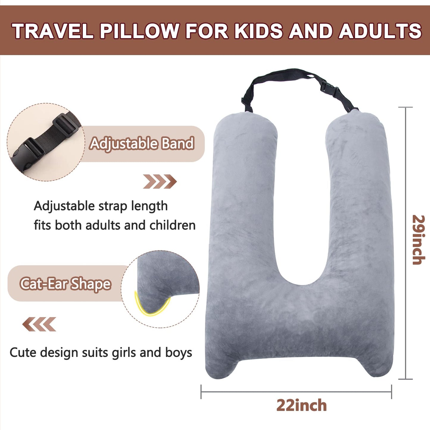 1 MIDDLE ONE Car Pillow for Kids, Memory Foam Travel Pillow for Car and Adults, Kid Travel Pillow for Sleeping on Road Trip, Small Body Pillow for Kids (Grey)