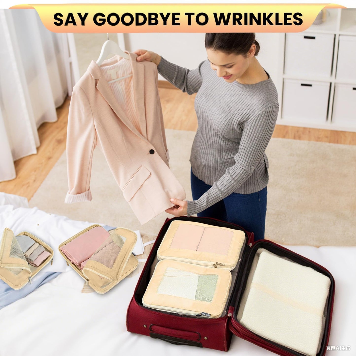 HDKJDPG 4 Set Compression Packing Cubes Travel for Suitcases,Compressible Mesh Packing Cubes for Travel Women Packing Organizers Ultralight