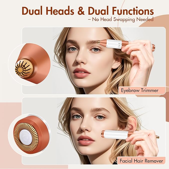 2-in-1 Dual Head Eyebrow Trimmer & Flawless Facial Hair Removal for Women, Painless & Gentle Facial Hair Remover for Brows, Chin, Upper Lip, Cheeks, Type-C Charging for Women