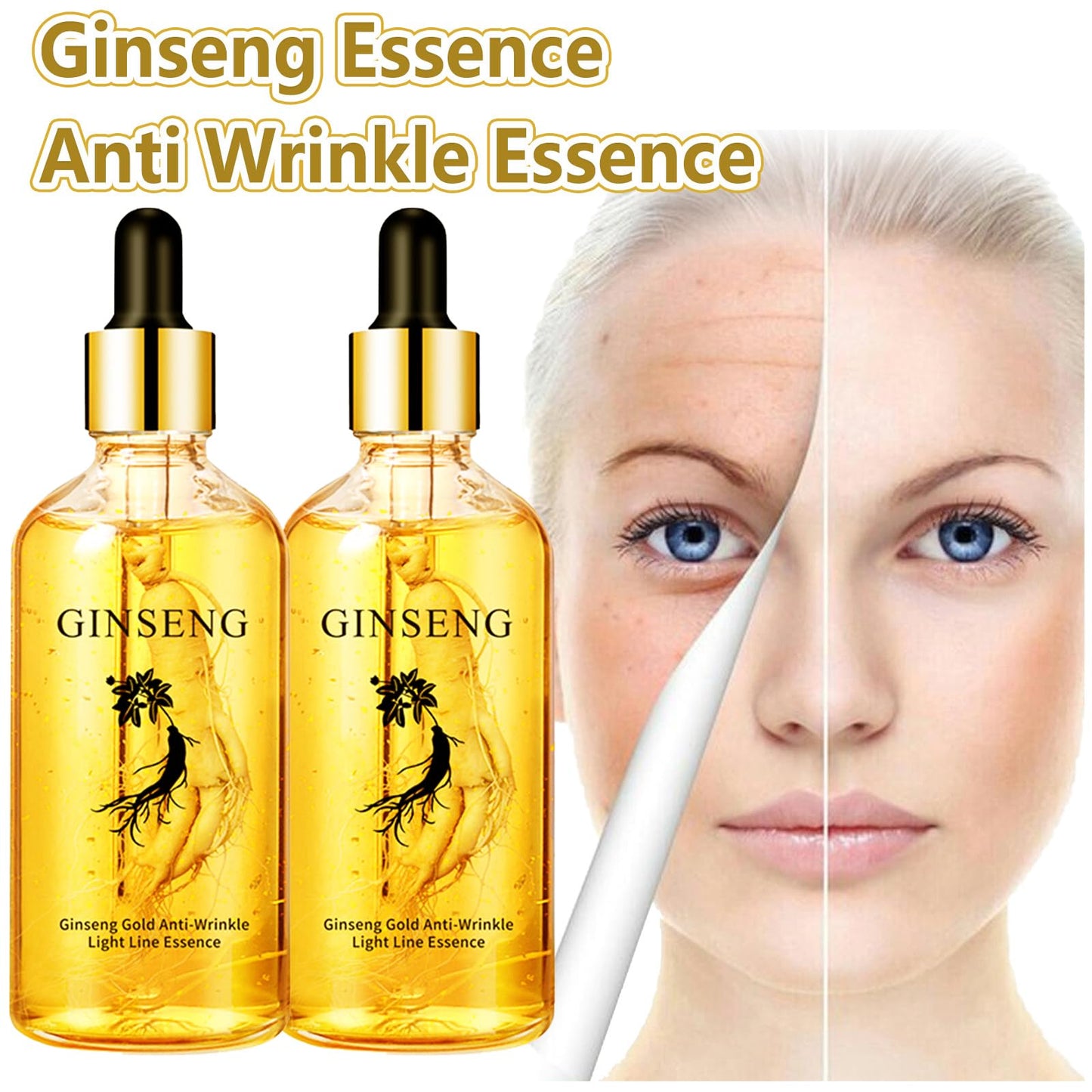 2Pcs Ginseng Polypeptide Anti-Ageing Essence, Ginseng Extract Anti Wrinkle Serum Gold Korean Ginseng Anti Aging Essential Oil for Tightening Sagging Skin Reduce Fine Lines Moisturizer 7 Fl Oz