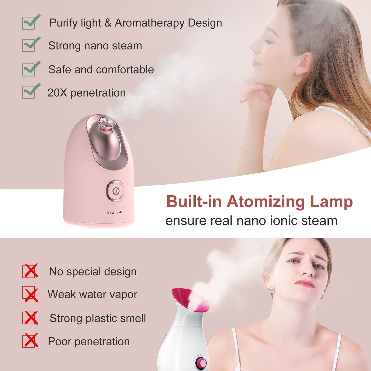 Newbealer Facial Steamer, Mini Aroma Face Steamer, Nano Ionic Hot Mist Facial Humidifier Atomizer, Home Sauna Spa Sprayer Moisturizing Cleansing Pores, 9 Pieces Acne Remover Kit (Pink-Gold, 160ml)