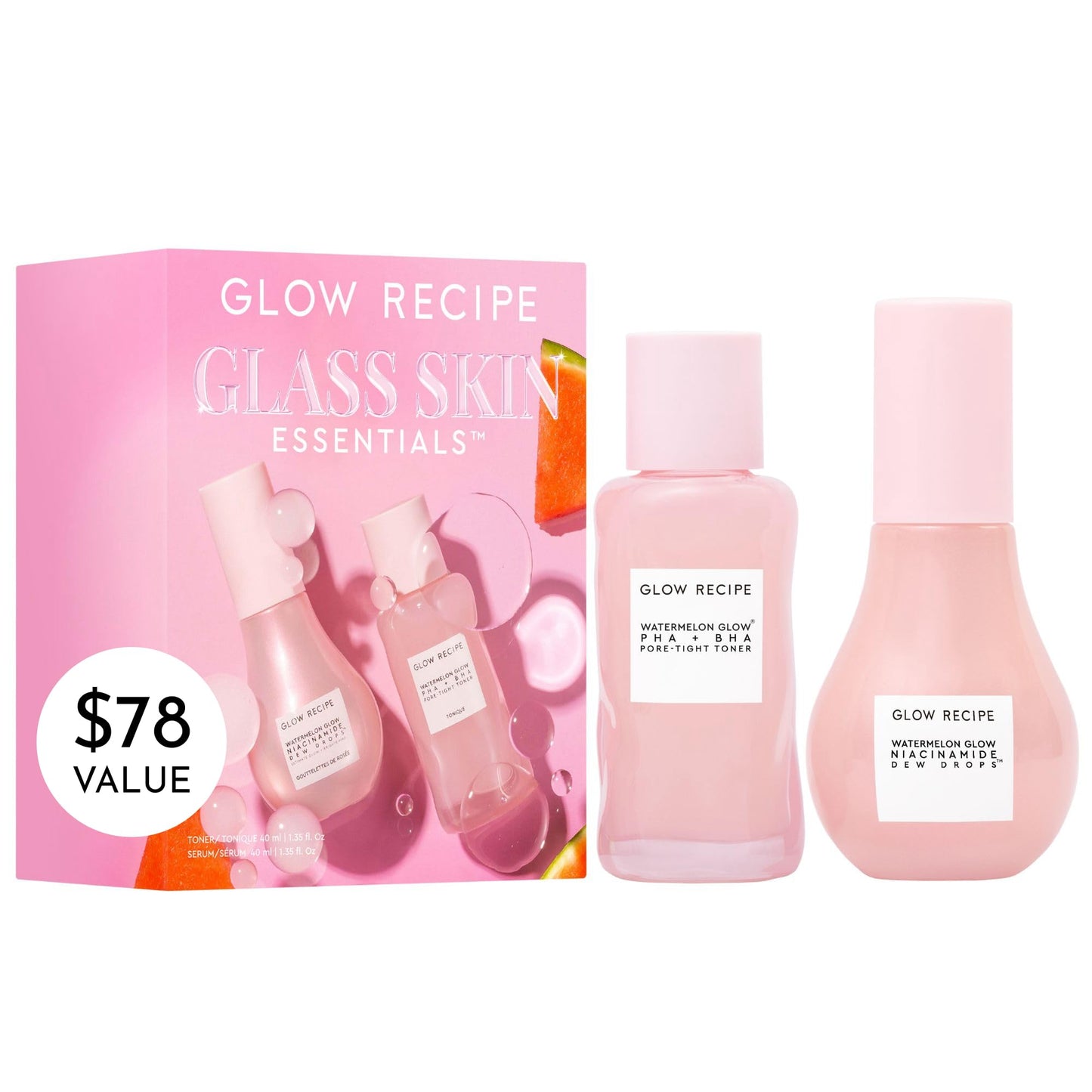 Glow Recipe Glass Skin Essential Korean Skincare Kit - Includes Niacinamide Dew Drops Face Serum & PHA + BHA Face Toner - Travel Size Watermelon-Powered Hydrating Serum & Pore Minimizer (2 Count)