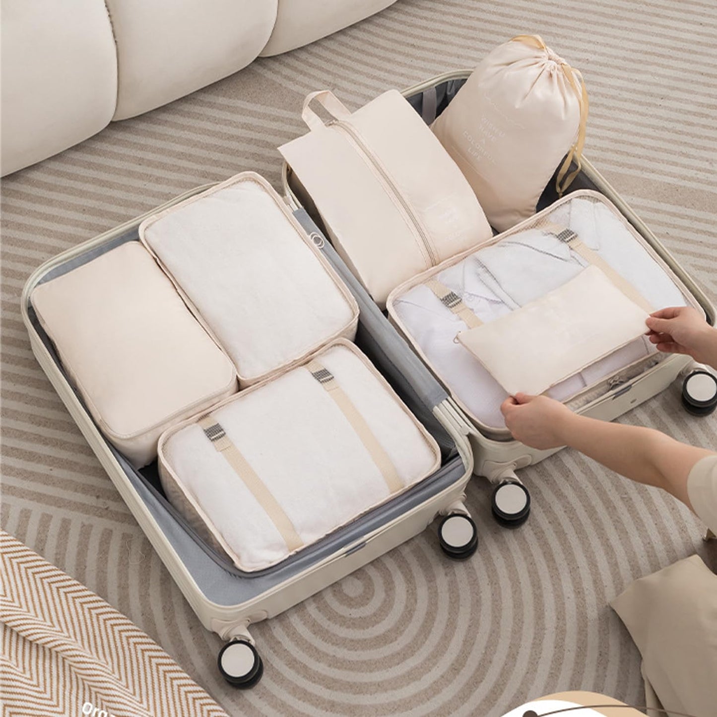 8 Pieces Mesh Packing Cubes for Travel, Luggage Packing Organizers Bags Set, Travel Essentials Suitcases Accessories with Laundry Bag, Storage Shoe Bag, Clothing Underwear Bag (Cream, 8 set)