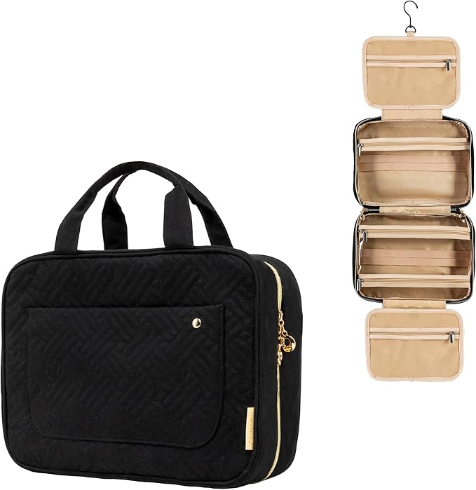 Carrywell |Not Made In China| Hanging Toiletry Travel Bag For Women, Makeup Organizer Case, Water-Resistant Cosmetic Bag For Full-size Containers, Toiletries (Black, Small)