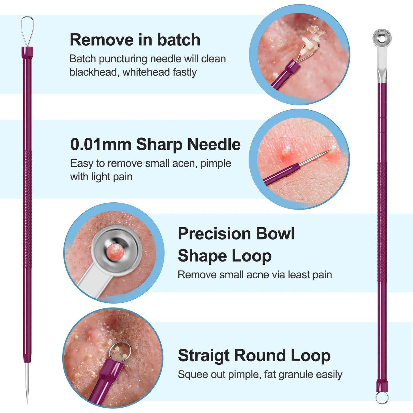 Blackhead Remover Tools, Face Scraper for Deep Cleaning, Pimple Popper Tool kit, Skin Scrubber Face Spatula, Skin Care Tool for Men and Women (Rose red)