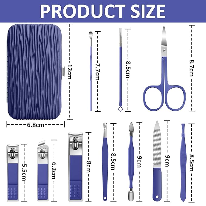 BLESWIN Manicure Set, 10 in 1 Professional Manicure and Pedicure Kit, Nail Care Kit for Women, Mens Nail Grooming Kit, Portable Nail Clipper Set Blue Leather Case for Travel Home