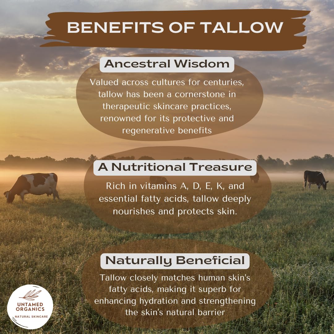 Untamed Organics Pure Tallow Lip Balm | 100% Grass-Fed Beef Tallow and Organic Beeswax | Moisturizing Lip Care for Dry, Chapped Lips | Hypoallergenic, Fragrance-Free | Handcrafted in USA | 4-Pack