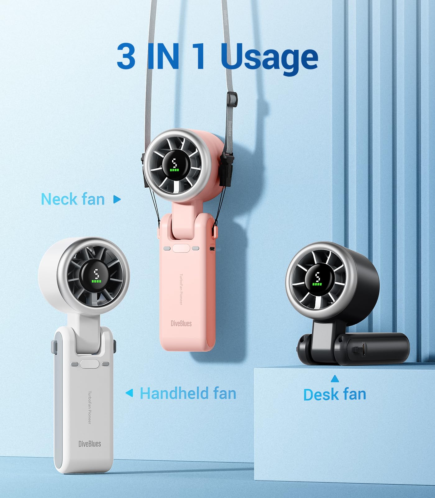 Diveblues Portable Handheld Turbo Fan, 5 Gear Wind, Battery Operated, Up to 12 Working Hours, 3 IN 1 Hand Fan with Air Turbo Tech Cooling Fan for Outdoor Activities, Travel, Working, Silvery white