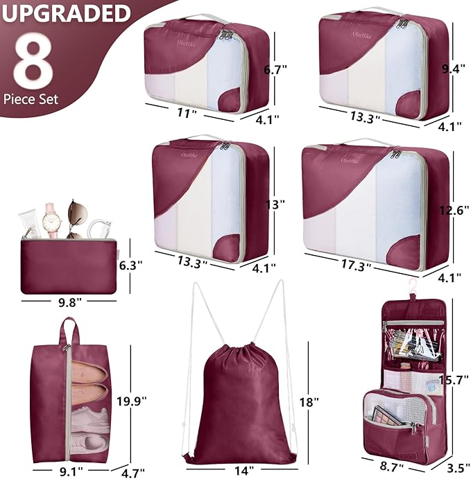 8 Set Packing Cubes for Travel, Gifts for Women Mom,Anti-Tearing Suitcase Organizer for Luggage with Shoe & Hanging Toiletry Bag,OlarHike Vacation Essentials & Accessories for Cruise Ship,Wine