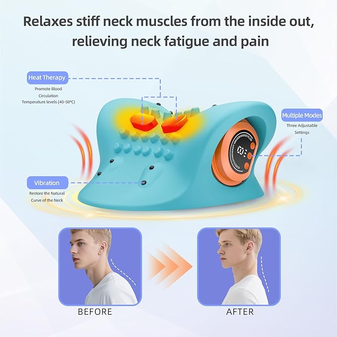 Neck Massager Pillow, Portable Neck Stretcher with Heat, 3 Adjustable Modes for Deep Tissue Pain Relief, 26° Angle Cervical Traction Device for Shoulder, Back