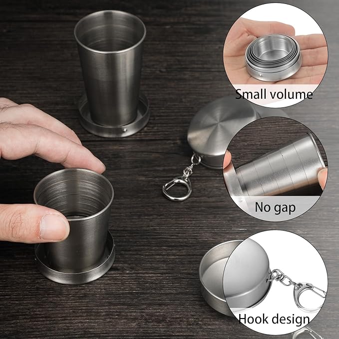 10 Pieces Collapsible Shot Glasses Stainless Steel Collapsible Cup Reusable Portable Travel Folding Cup with Lid and Keychain for Camping Hiking Cycling(5 oz)