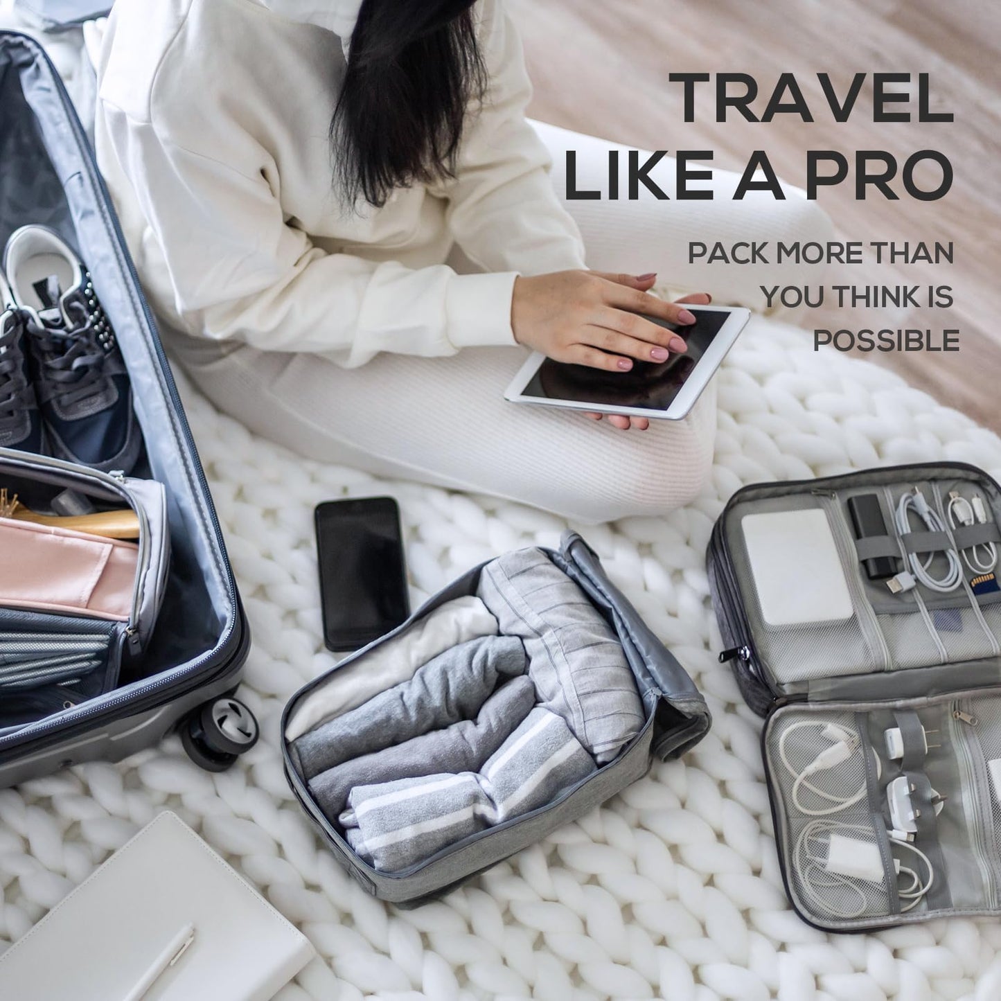 Compression Packing Cubes, 5 Set Packing Cubes for Travel Compression, Lightweight Compressible Package Organizer for Carry On and Suitcases, Light Grey