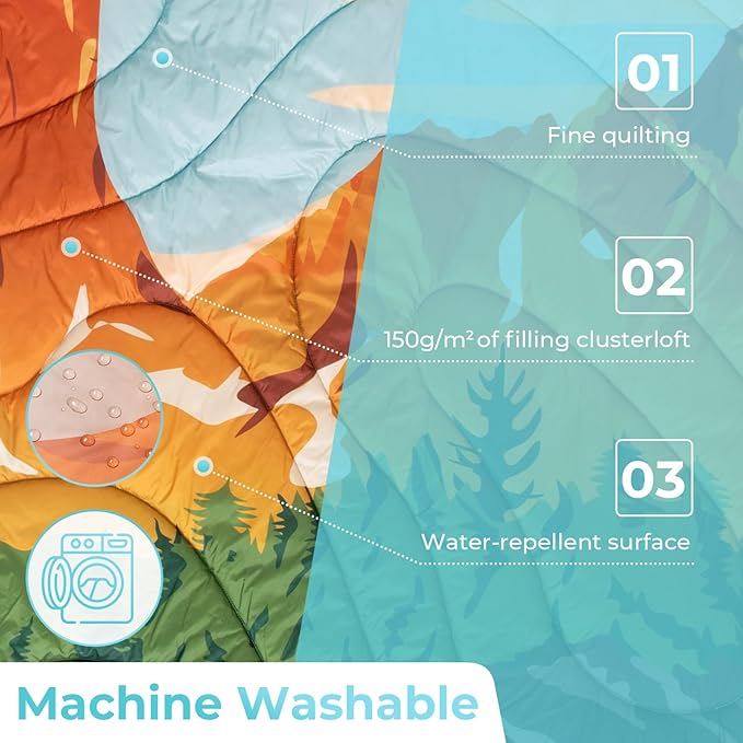 KingCamp Ultralight Camping Blanket, Packable Down Alternative Puffy Printed Wearable Blanket with Snap Buttons & Corner Loops Weatherproof Quilt for Outdoor Travel Stadium (79"L x 57"W, ORANGE/BLUE)