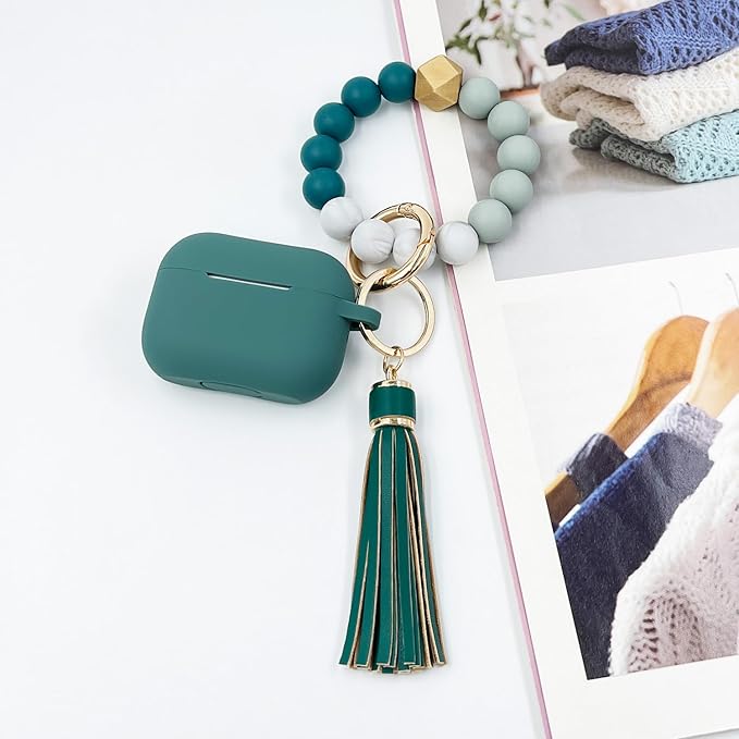Compatible with Airpods Pro Soft Silicone Case Cover with Bracelet Keychain for Apple Airpod Pro 1st Generation Case for Women (Pine Green)