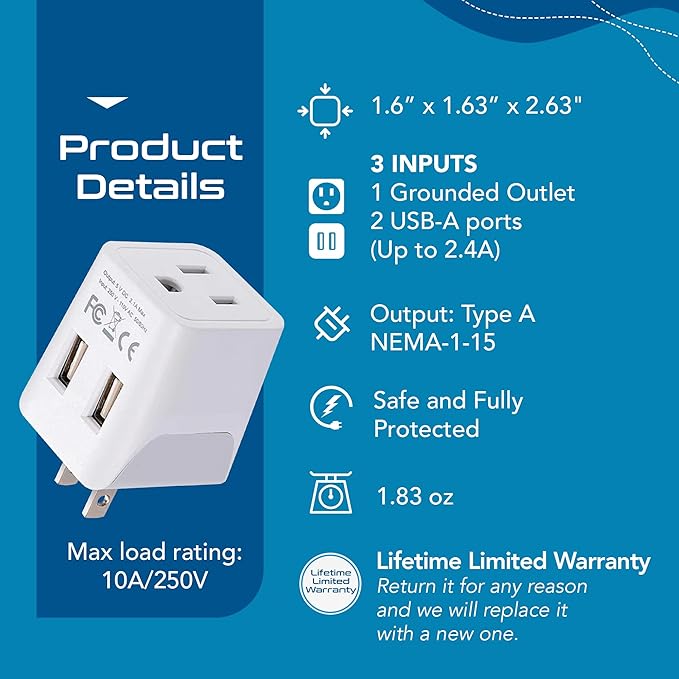 Ceptics Japan, Philippines Travel Adapter Plug with Dual USB - Usa Input - Type A - Ultra Compact (CTU-6) - Perfect for Cell Phones, Laptops, Camera Chargers