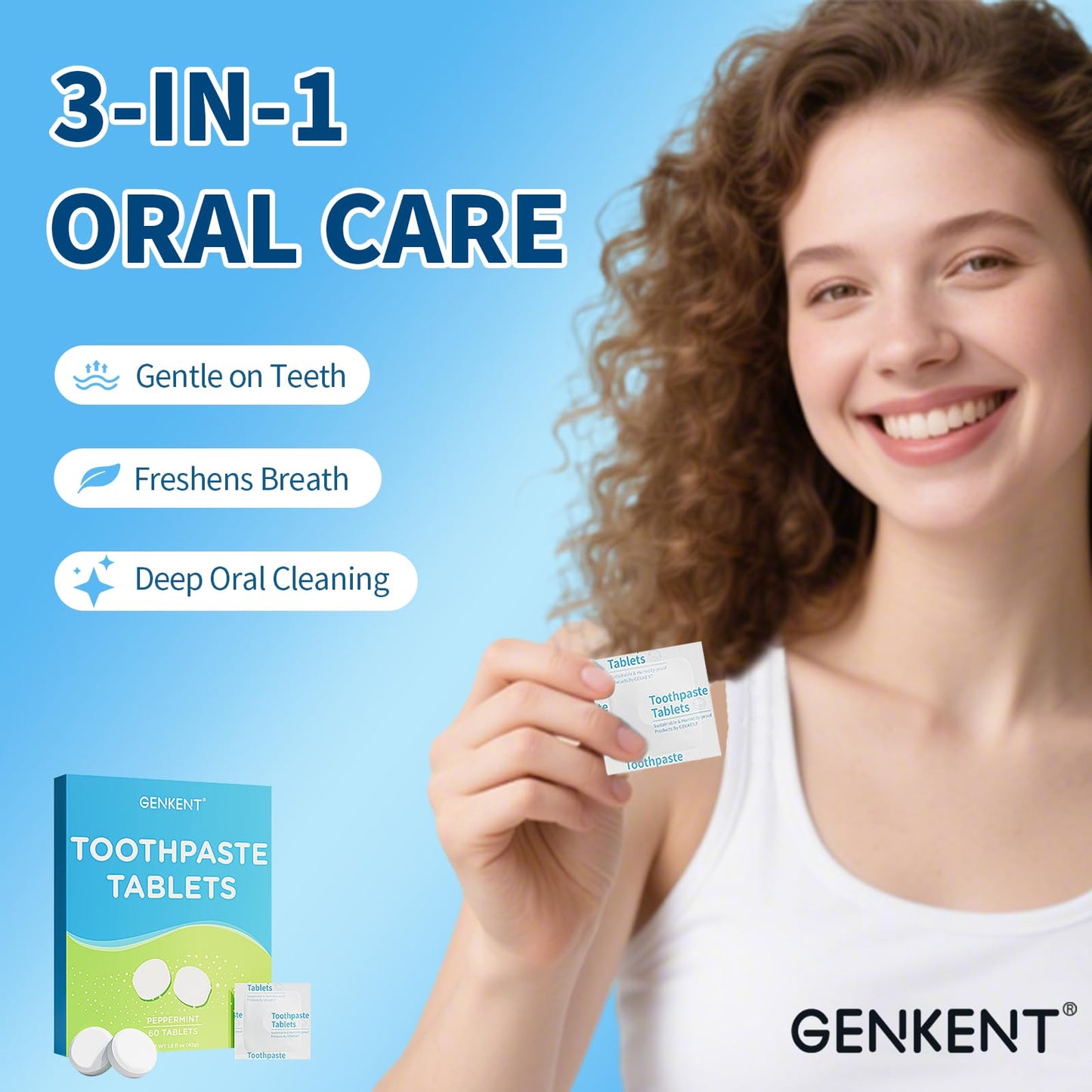 GENKENT Toothpaste Tablets, Fluoride & Plastic Free Chewable Toothpaste Tabs, Eco & Travel Friendly (60 Count)