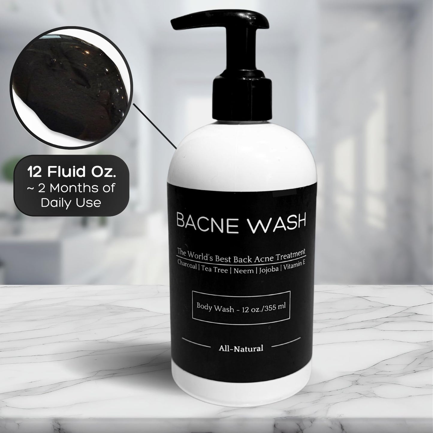 Bacne Wash: All Natural Back Acne Treatment with Charcoal, Jojoba Oil, Tea Tree Oil, Neem Oil, Aloe Vera, and Vitamin E - Body Acne Wash for All Skin Types