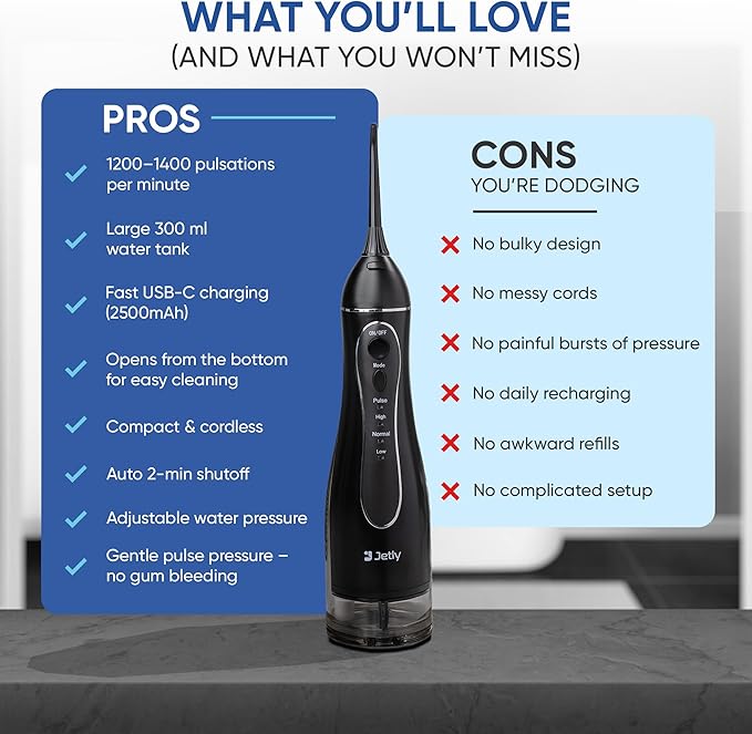 JETLY Water Dental Flosser Teeth Pick Cleaner: Travel Cordless Oral Irrigator 300ML Capacity Portable Rechargeable IPX7 Waterproof Electric Flossing Machine for Teeth Cleaning (Black)