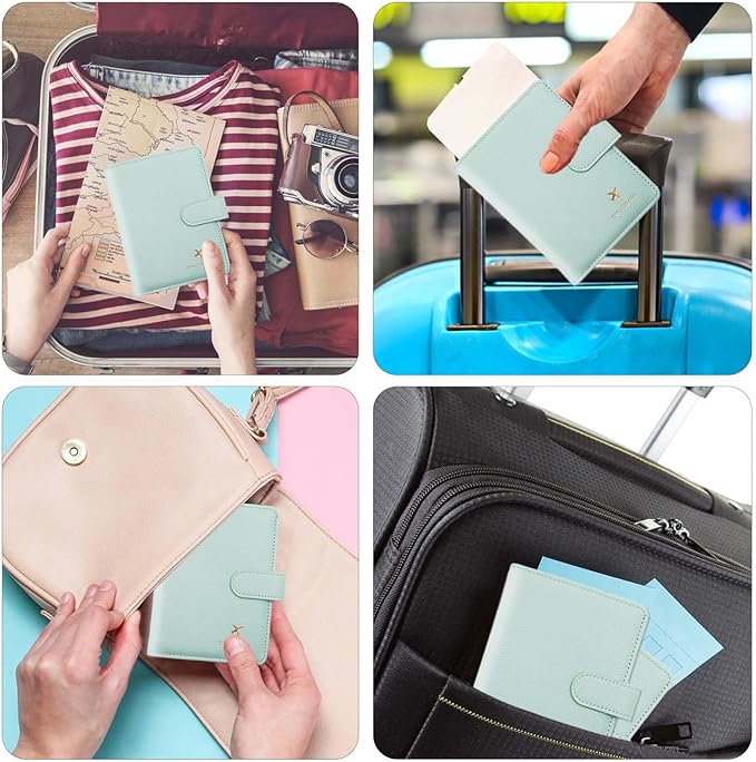 Cnycmy Passport Holder with RFID Blocking, Cash Pocket & Back Zipper Coin Pocket - Travel Document Holder, Magnetic Button, Multiple Card Slots - Soft PU Leather for Men and Women(AQUA GREEN)