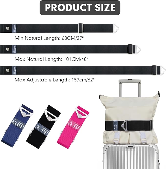 2-in-1 Travel Belt for Luggage Over Handle, Luggage Belt for Carry on Bag, Suitcase Straps, Add a Bag Bungees Luggage Straps Adjustable with Alloy Buckle,Hands-Free for Airport (Black, 1 Pack)