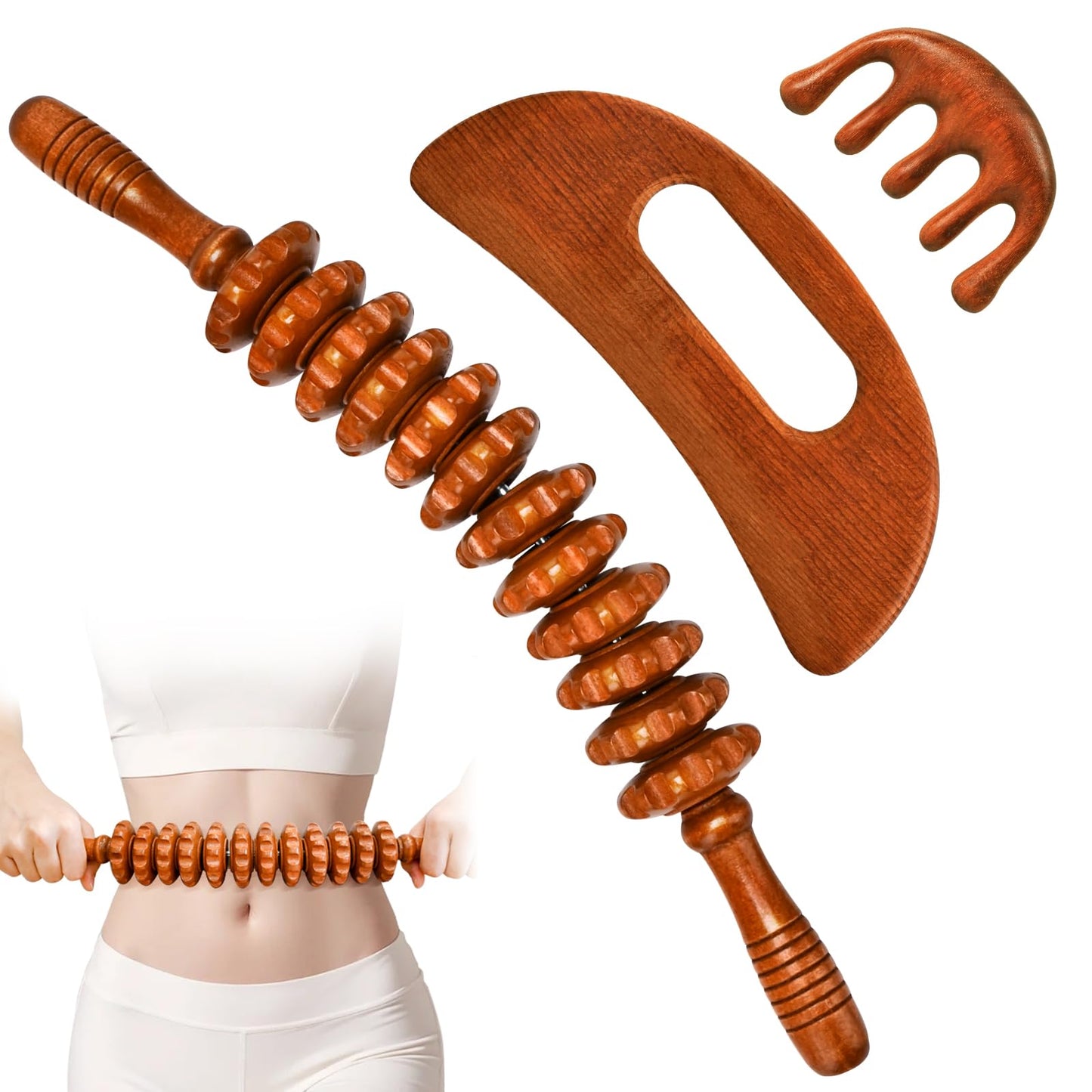 3-in-1 Wood Therapy Massage Tools Wooden Gua Sha Lymphatic Drainage Massager Body Sculpting Tools, Maderoterapia kit, Anti-Cellulite, Body Sculpting & Contouring