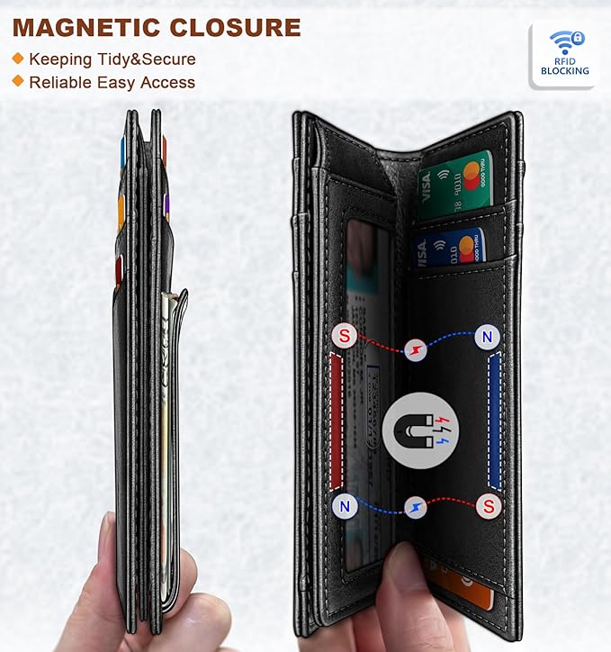 KEMISANT Men Wallet, Slim Leather Wallet Money Clip Magnetic Closure ID Windows 14Cards RFID Blocking