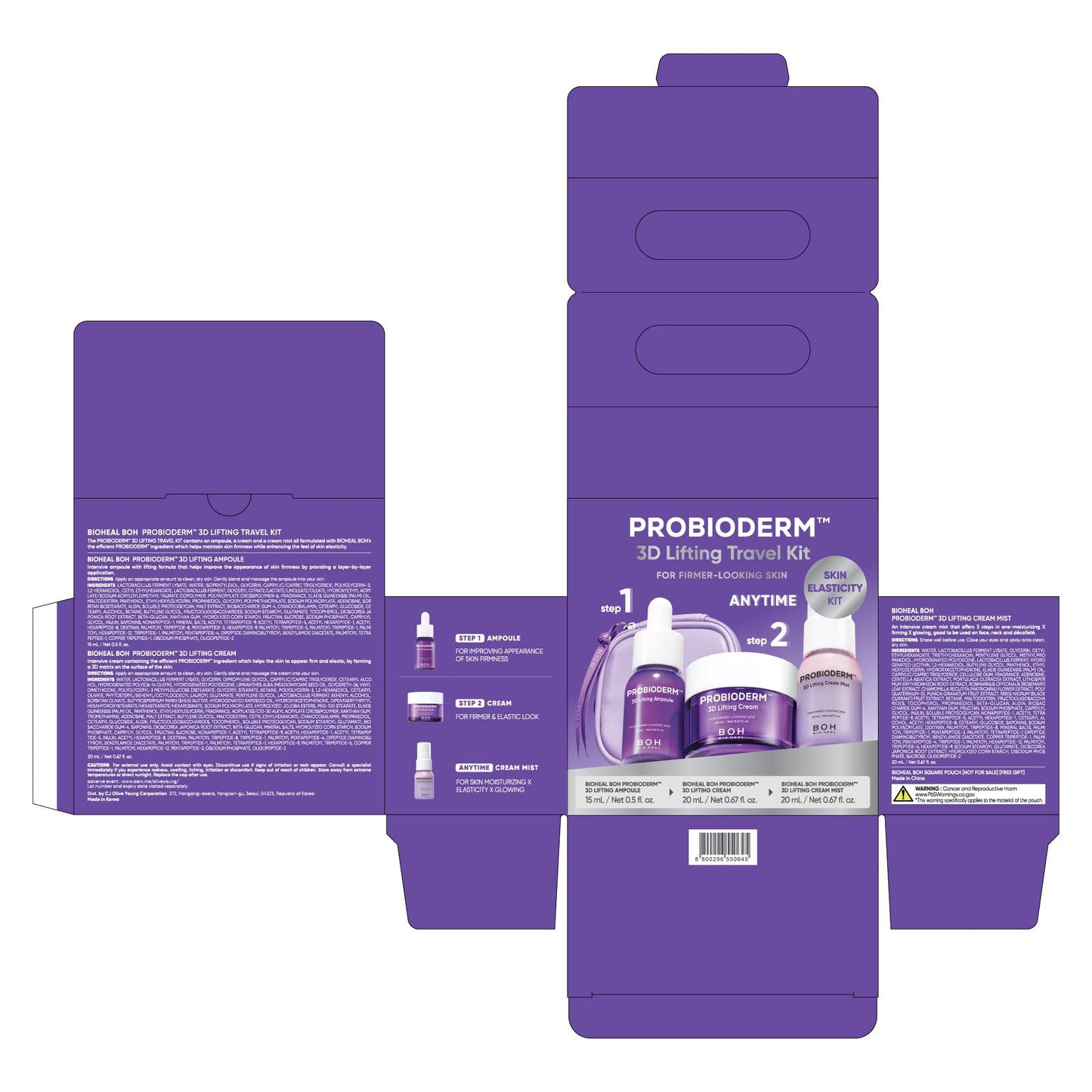 BIOHEAL BOH Probioderm 3D Lifting Travel Size Skin Care Kit | Korean Skincare Set for Firming & Hydration, with Ampoule, Face Moisturizer & Serum Spray | Mini Travel Essentials & Gift Set for Women