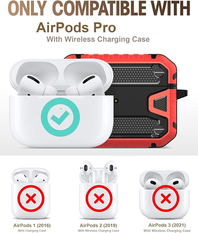 Koaichi Compatible with AirPods Pro(2nd Generation/1st Generation), Full-Body Rugged Hard Shell Protective Case Cover with Keychain Designed for AirPods Pro (2022/2019), Black/Red