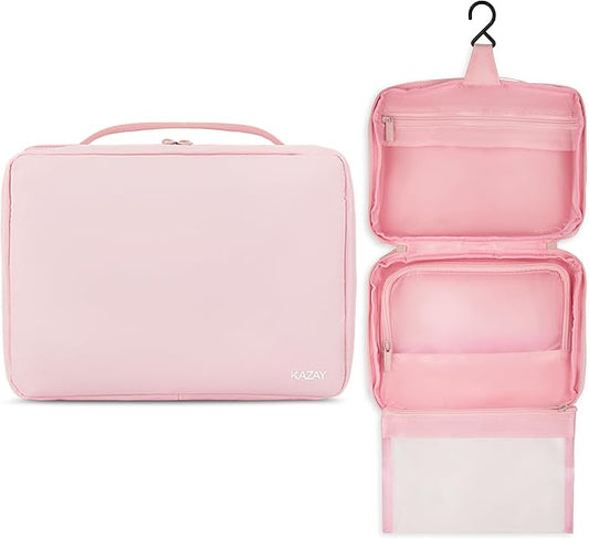 KAZAY Hanging Toiletry Bag with TSA Approved Detachable Pouch, Travel Toiletry Bag, Water Resistant, Premium Nylon, Travel Size Toiletries, Cosmetic Bag, Makeup Bag (Pink)