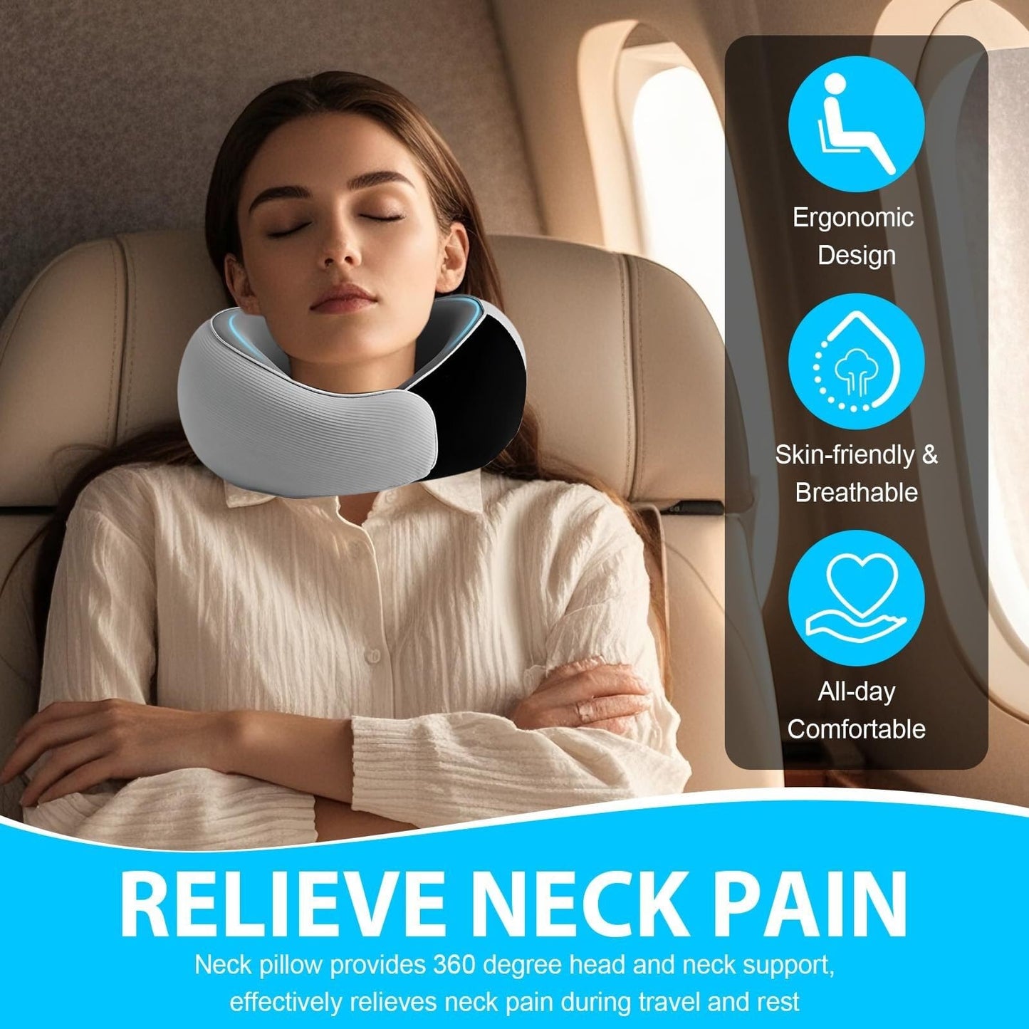 Travel Neck Pillow for Airplanes – 100% Memory Foam, 360° Head Support, Breathable & Washable Cover, Compact for Travel, Car & Flights