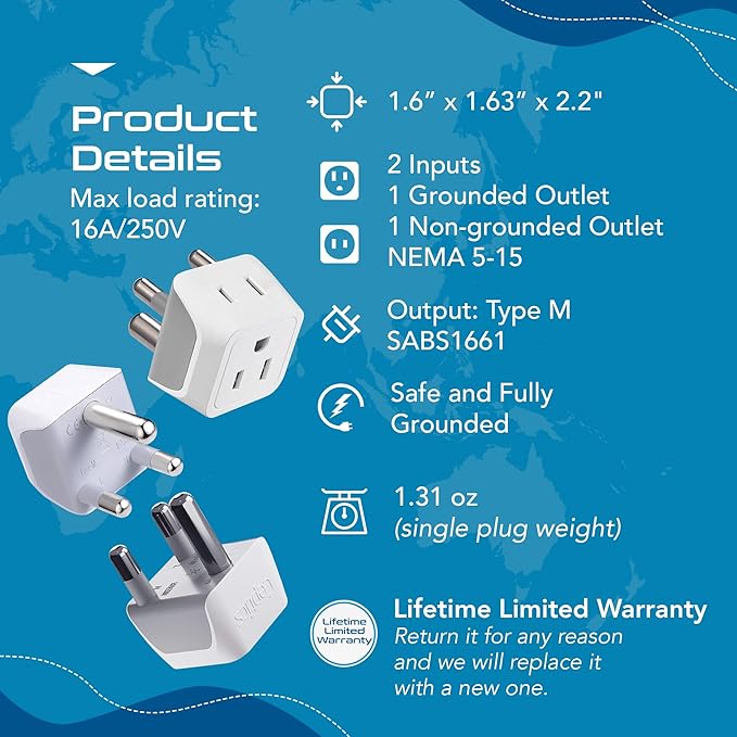 Ceptics South Africa, Namibia Travel Adapter Plug with Dual Usa Input - Type M - Ultra Compact - Safe Grounded Perfect for Cell Phones, Laptops, Camera Chargers and More 3 Pack (CT-10L)