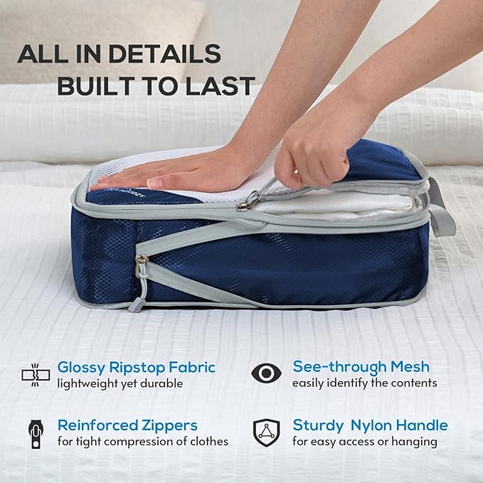 Compression Packing Cubes, 5 Set Packing Cubes for Travel Compression, Lightweight Compressible Package Organizer for Carry On and Suitcases, Navy