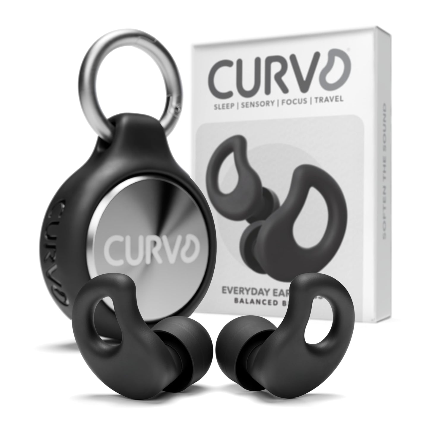CURVD Everyday Earplugs + Case Clip Bundle, The Perfect earplug for Sleep, Travel, Noise Sensitivity/canceling + Case Clip Package Portable Waterproof Container & Silicone Sleeve for Ear Plugs(Black)