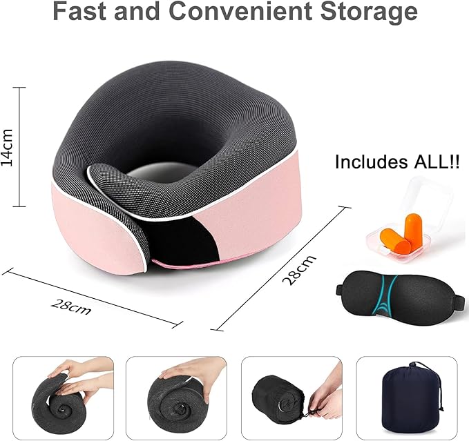 Travel Neck Pillow, Best Memory Foam Airplane Pillow for Head Support Soft Adjustable Pillow for Plane, Car & Home Recliner Use (Pink1)