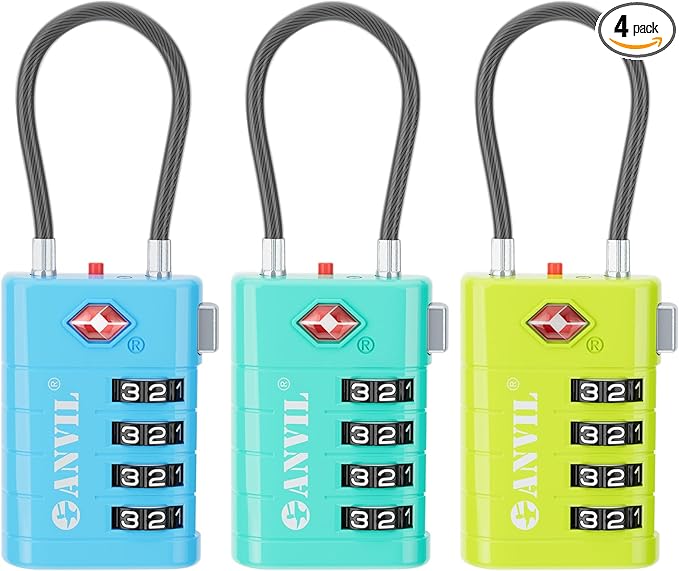 ANVIL 4 Digit Luggage Locks, TSA Locks for Luggage, Advanced TSA008 core, Alert Indicator for Your Travel Lock, Suitcase Lock.(3, 3 Colors)