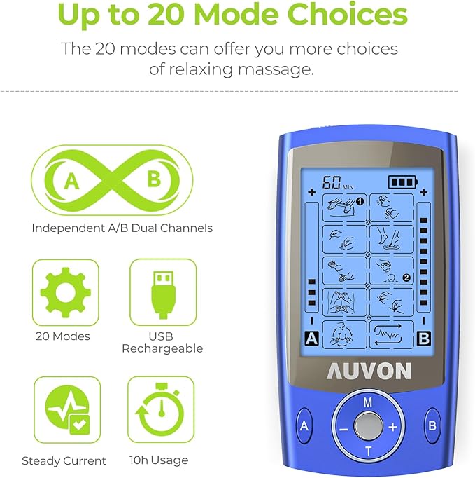 AUVON Dual Channel TENS Unit Muscle Stimulator Machine with 20 Modes, 2" and 2"x4" TENS Unit Electrode Pads (Blue)